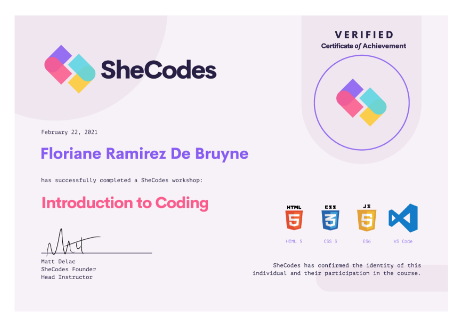 Certificate SheCodes Front-end Development